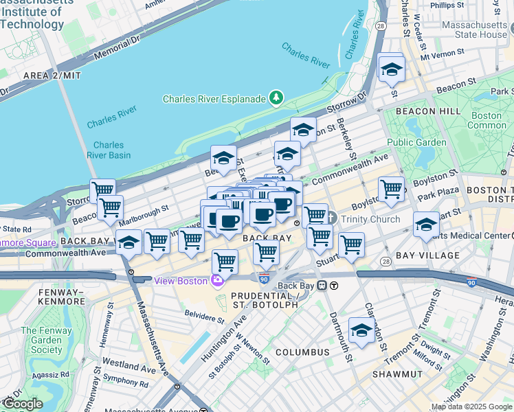 map of restaurants, bars, coffee shops, grocery stores, and more near 26 Exeter Street in Boston