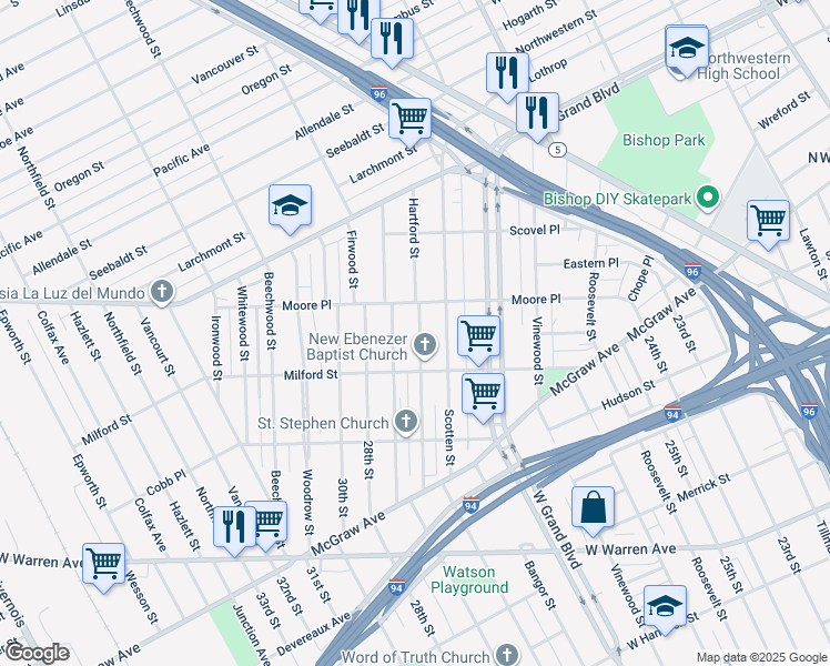 map of restaurants, bars, coffee shops, grocery stores, and more near 6373 Hartford Street in Detroit