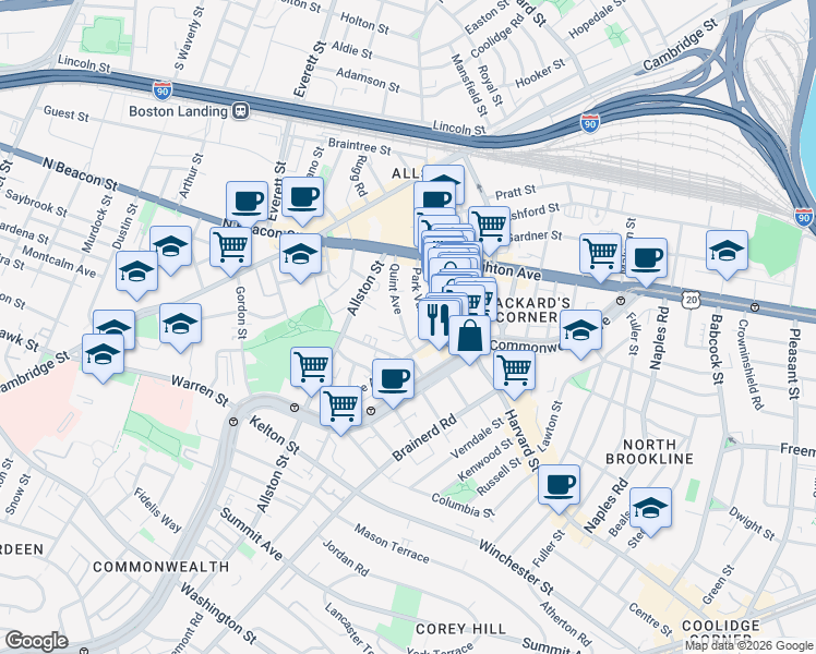map of restaurants, bars, coffee shops, grocery stores, and more near 10-14 Park Vale Avenue in Boston