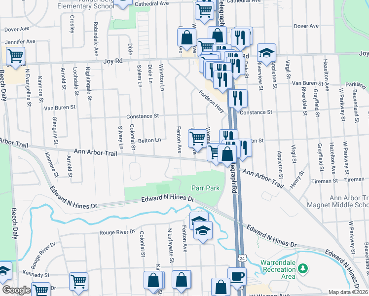 map of restaurants, bars, coffee shops, grocery stores, and more near 8176 Fenton Street in Dearborn Heights