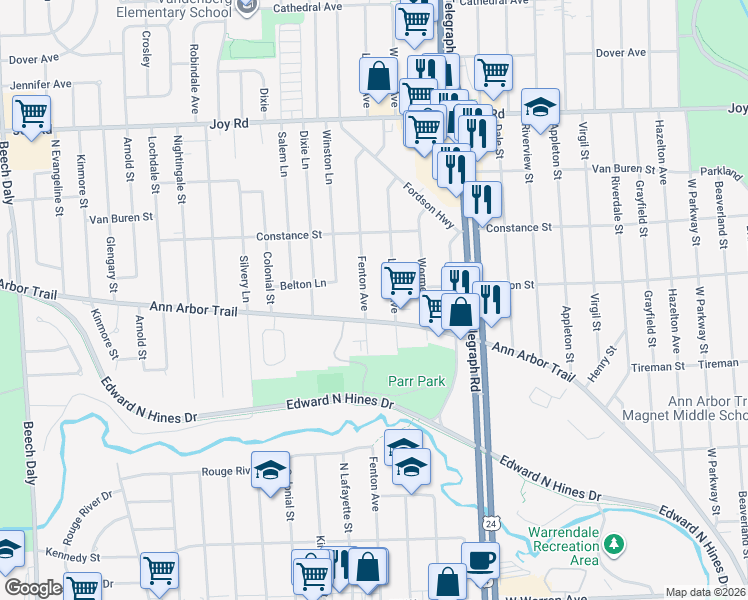 map of restaurants, bars, coffee shops, grocery stores, and more near 8176 Fenton St in Dearborn Heights
