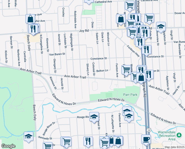 map of restaurants, bars, coffee shops, grocery stores, and more near 8225 Colonial Street in Dearborn Heights