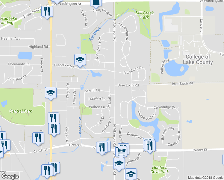 map of restaurants, bars, coffee shops, grocery stores, and more near 525 Bristol Lane in Grayslake