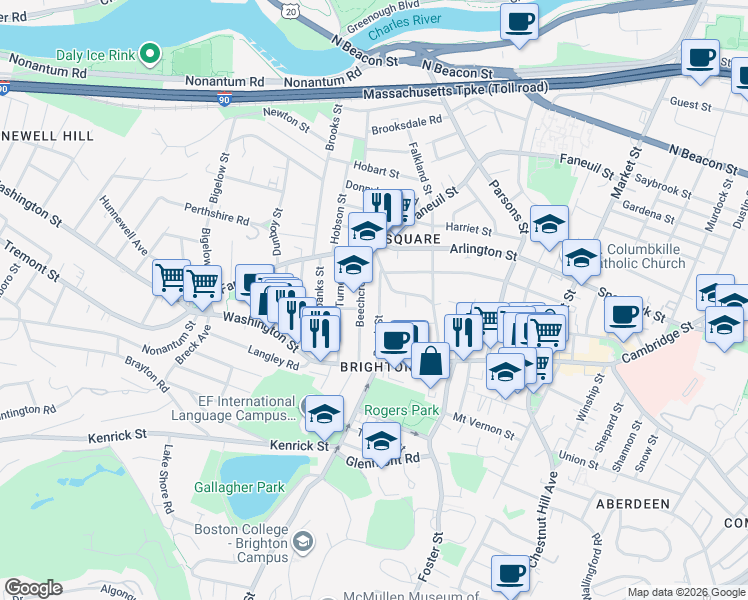 map of restaurants, bars, coffee shops, grocery stores, and more near 59 Brock Street in Boston