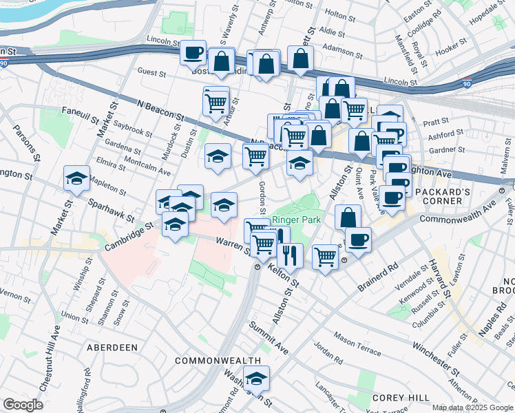 map of restaurants, bars, coffee shops, grocery stores, and more near 59 Gordon Street in Boston
