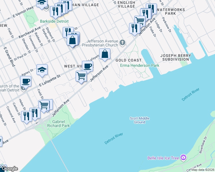 map of restaurants, bars, coffee shops, grocery stores, and more near 8162 East Jefferson Avenue in Detroit