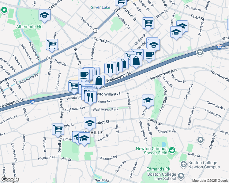map of restaurants, bars, coffee shops, grocery stores, and more near 389 Newtonville Avenue in Newton