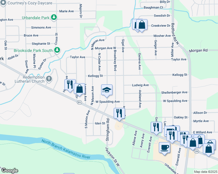 map of restaurants, bars, coffee shops, grocery stores, and more near 94 North Woodlawn Avenue in Battle Creek