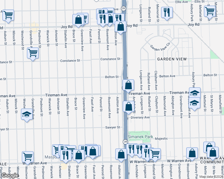 map of restaurants, bars, coffee shops, grocery stores, and more near 8018 Rosemont Avenue in Detroit