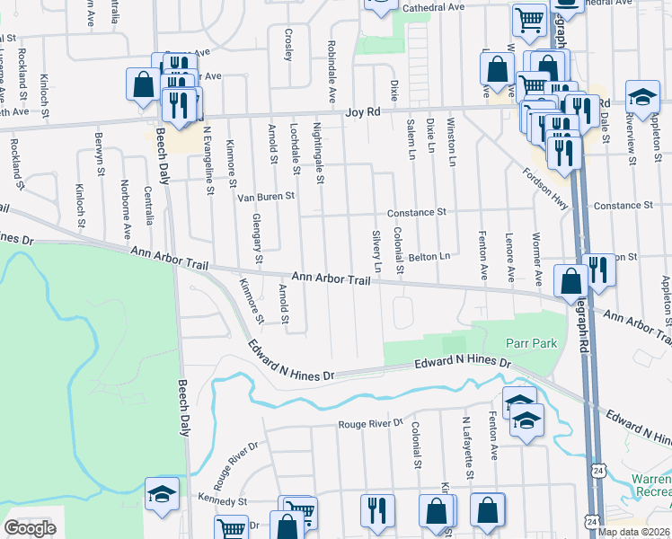 map of restaurants, bars, coffee shops, grocery stores, and more near 25260 Ann Arbor Trail in Dearborn Heights
