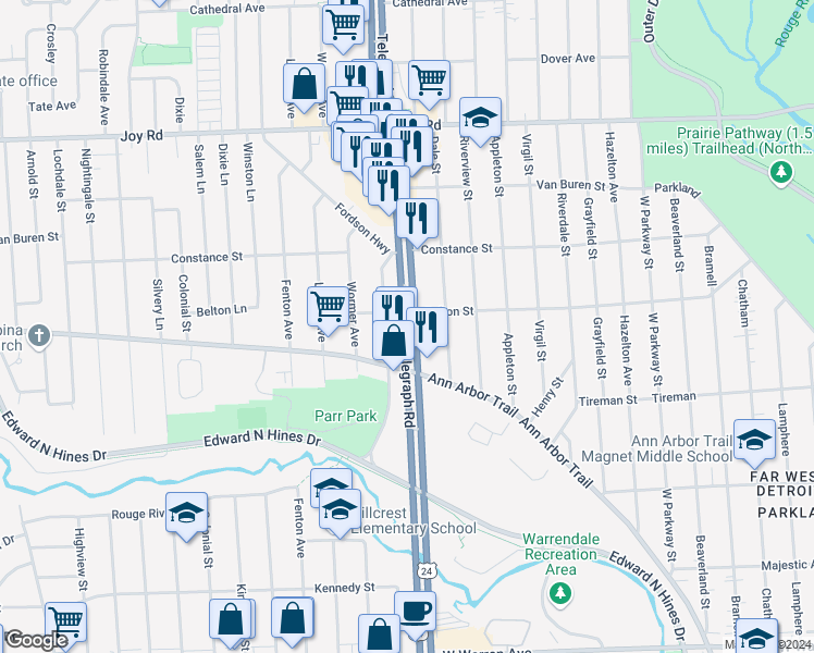 map of restaurants, bars, coffee shops, grocery stores, and more near 5730 North Telegraph Road in Dearborn Heights