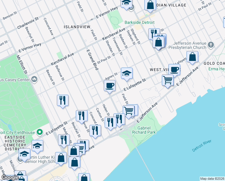 map of restaurants, bars, coffee shops, grocery stores, and more near 238 East Grand Boulevard in Detroit