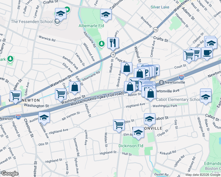 map of restaurants, bars, coffee shops, grocery stores, and more near 975 Washington Street in Newton