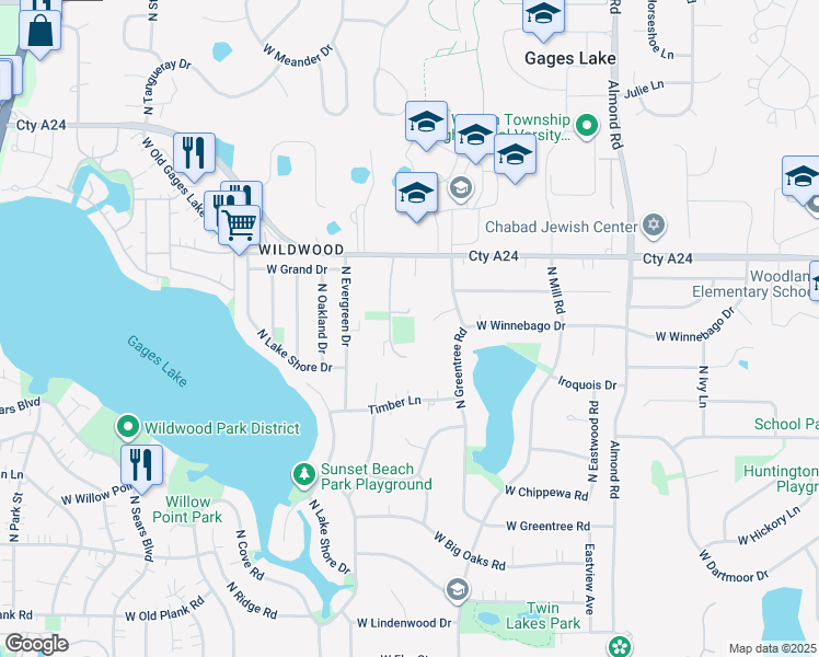 map of restaurants, bars, coffee shops, grocery stores, and more near 33601 North Royal Oak Lane in Grayslake