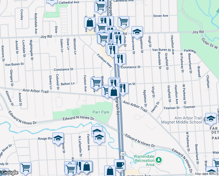 map of restaurants, bars, coffee shops, grocery stores, and more near 8171 Woodbine Street in Dearborn Heights