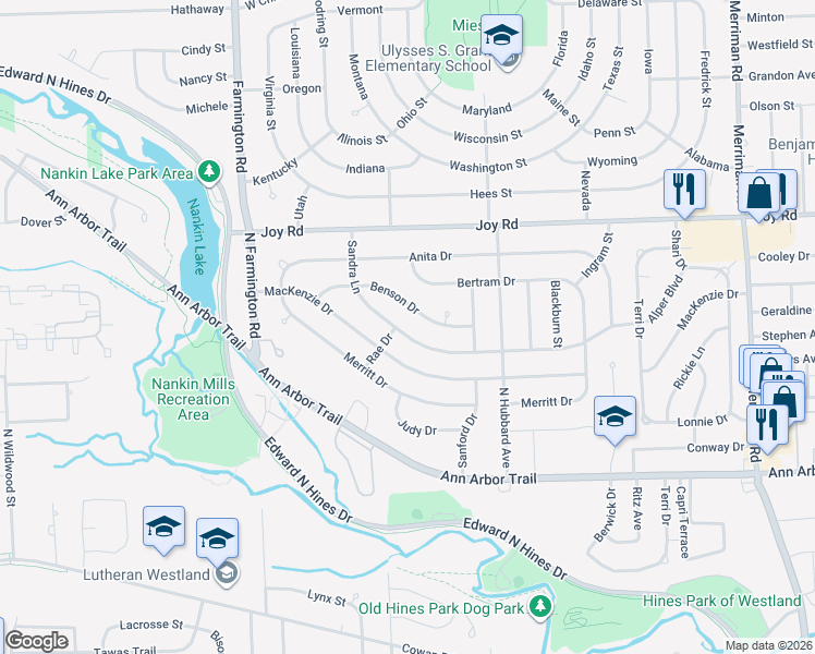 map of restaurants, bars, coffee shops, grocery stores, and more near 32700 Sandra Lane in Westland