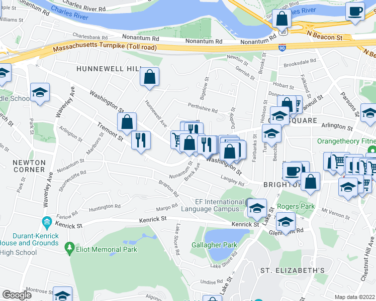 map of restaurants, bars, coffee shops, grocery stores, and more near Washington Street & Champney Street in Boston