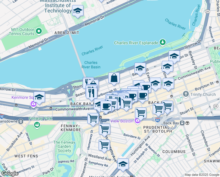 map of restaurants, bars, coffee shops, grocery stores, and more near 18 Hereford Street in Boston
