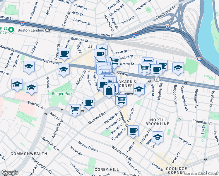map of restaurants, bars, coffee shops, grocery stores, and more near 1245 Commonwealth Avenue in Boston