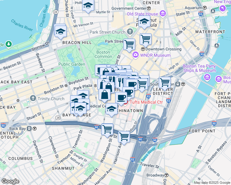 map of restaurants, bars, coffee shops, grocery stores, and more near 45 Stuart Street in Boston