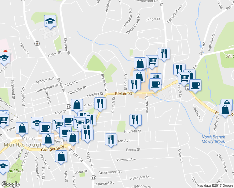 map of restaurants, bars, coffee shops, grocery stores, and more near 151 East Main Street in Marlborough