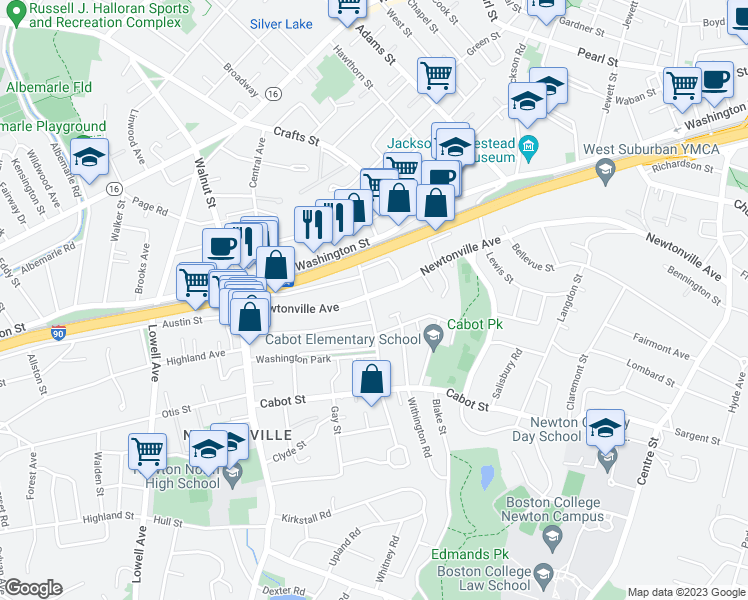 map of restaurants, bars, coffee shops, grocery stores, and more near 40 Harvard Street in Newton