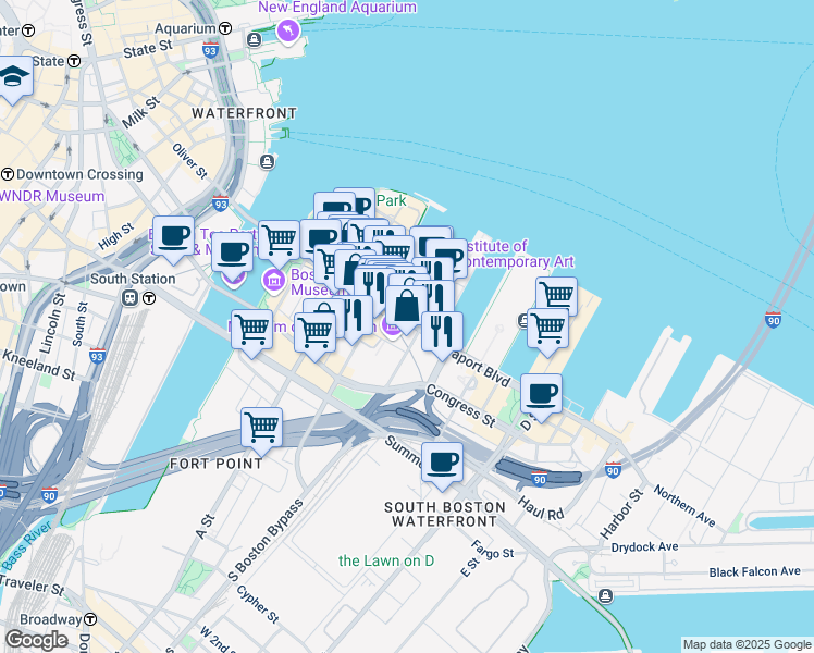 map of restaurants, bars, coffee shops, grocery stores, and more near 121 Seaport Boulevard in Boston