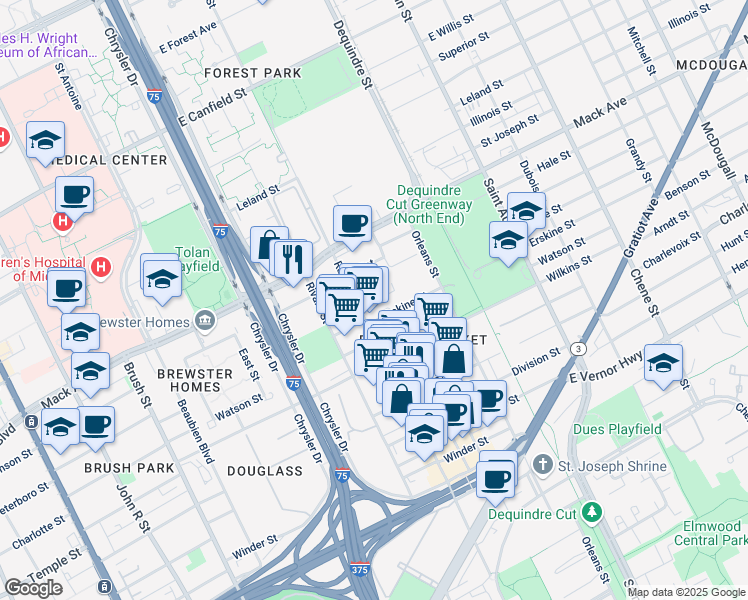 map of restaurants, bars, coffee shops, grocery stores, and more near 3434 Russell Street in Detroit