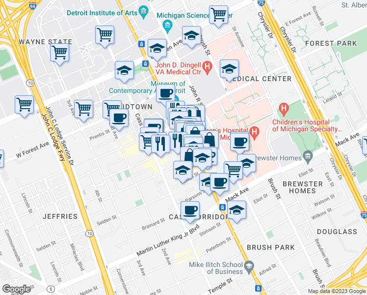 map of restaurants, bars, coffee shops, grocery stores, and more near 4133 Woodward Avenue in Detroit