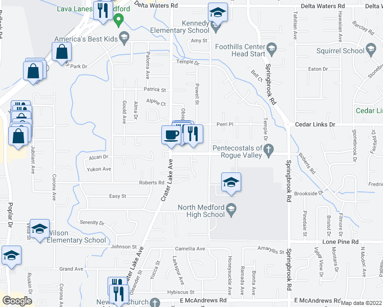 map of restaurants, bars, coffee shops, grocery stores, and more near Roberts Rd & Sunburst Ct in Medford