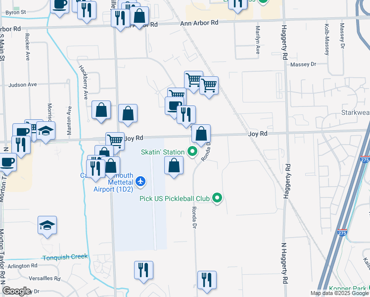 map of restaurants, bars, coffee shops, grocery stores, and more near 41747 Joy Road in Wayne County