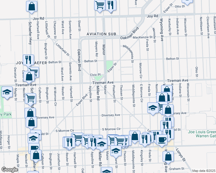 map of restaurants, bars, coffee shops, grocery stores, and more near 7926 Manor in Dearborn