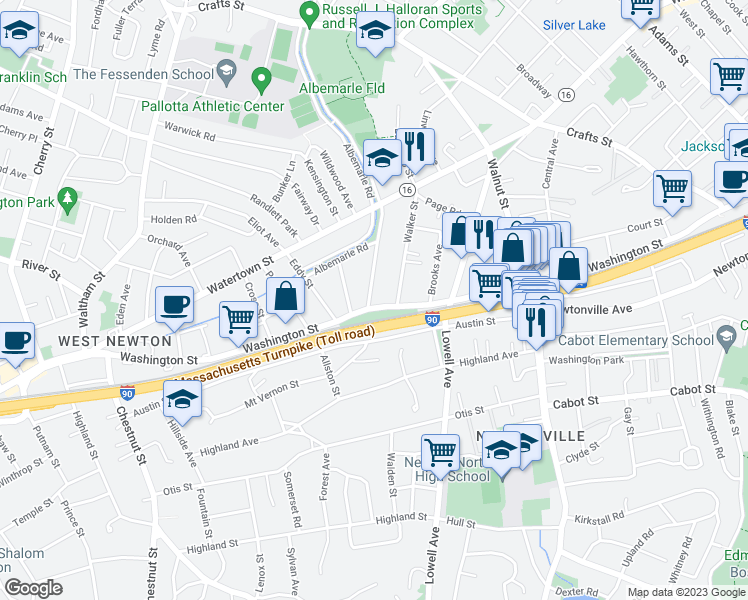 map of restaurants, bars, coffee shops, grocery stores, and more near 999 Washington Street in Newton