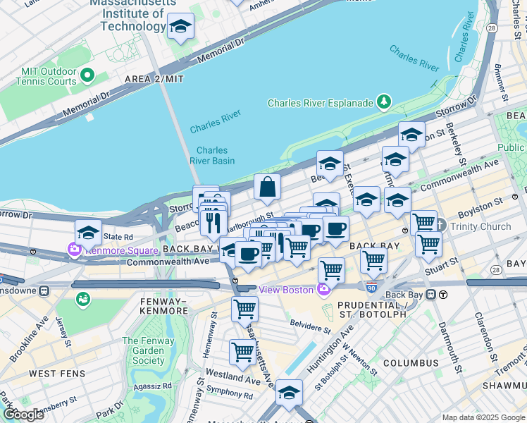 map of restaurants, bars, coffee shops, grocery stores, and more near 18 Hereford Street in Boston