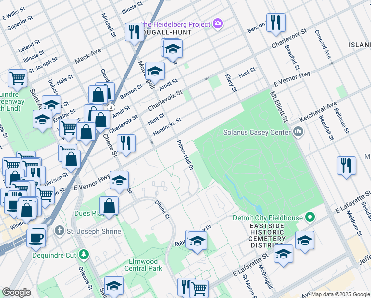 map of restaurants, bars, coffee shops, grocery stores, and more near 2326 Prince Hall Drive in Detroit