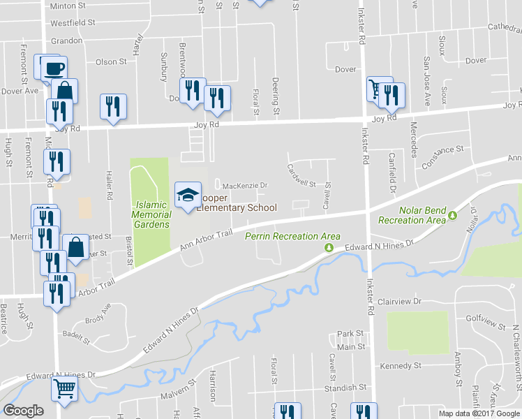 map of restaurants, bars, coffee shops, grocery stores, and more near 28205 Merritt Drive in Westland