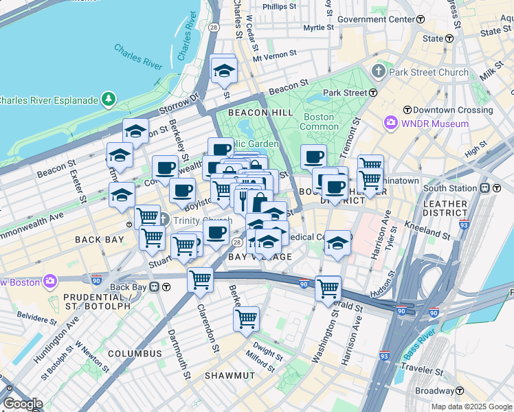 map of restaurants, bars, coffee shops, grocery stores, and more near 10-54 Park Plaza in Boston