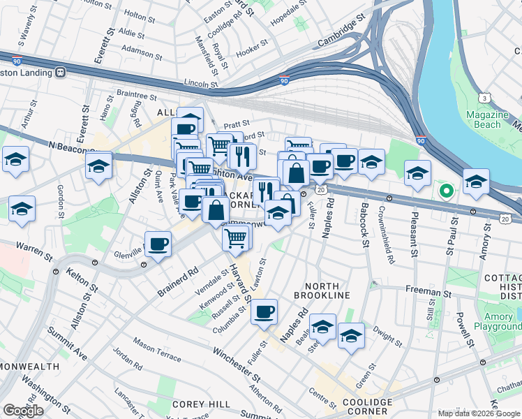 map of restaurants, bars, coffee shops, grocery stores, and more near 11 Chester Street in Boston