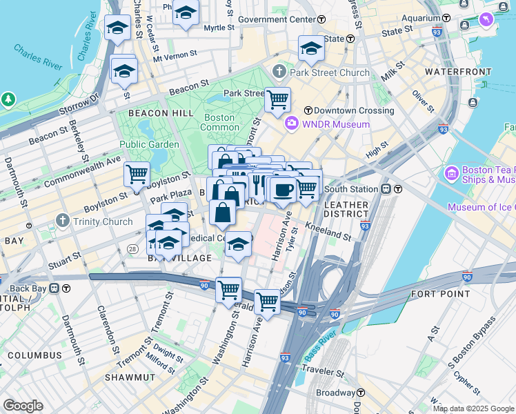 map of restaurants, bars, coffee shops, grocery stores, and more near 25 Stuart Street in Boston