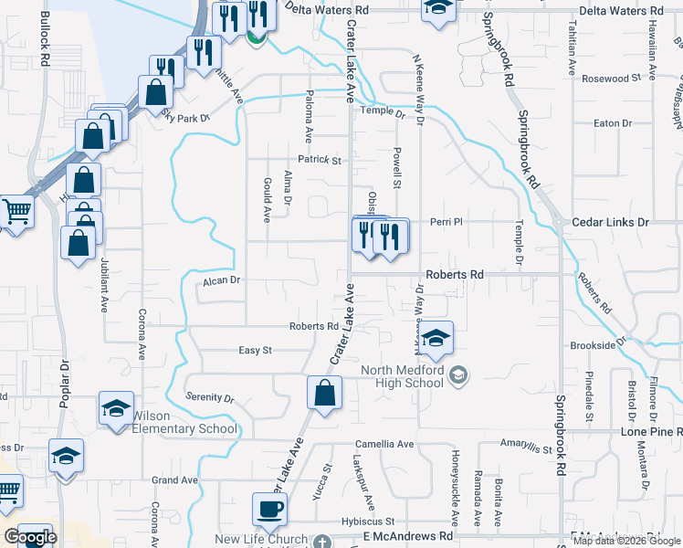 map of restaurants, bars, coffee shops, grocery stores, and more near 2291 Crater Lake Avenue in Medford