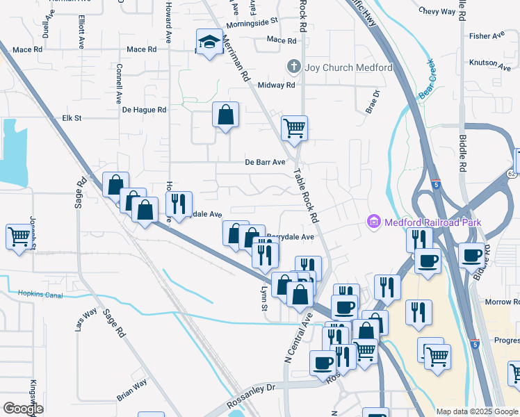 map of restaurants, bars, coffee shops, grocery stores, and more near 2281 Table Rock Road in Medford