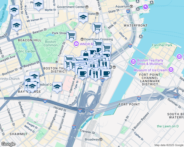 map of restaurants, bars, coffee shops, grocery stores, and more near in Boston