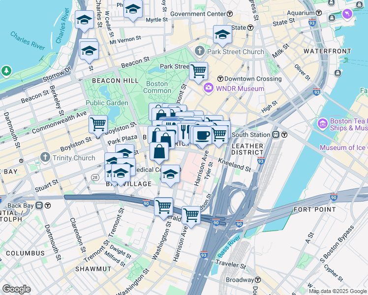 map of restaurants, bars, coffee shops, grocery stores, and more near 39 Stuart Street in Boston