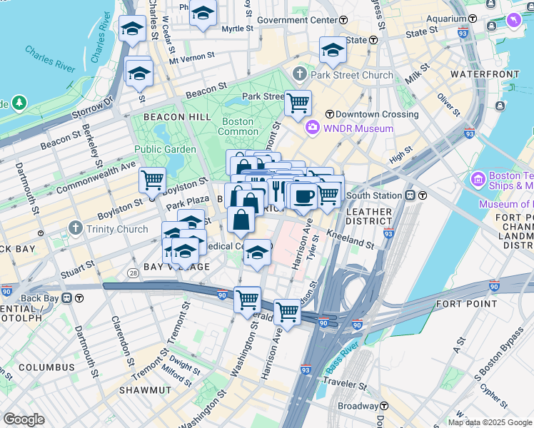 map of restaurants, bars, coffee shops, grocery stores, and more near 39 Stuart Street in Boston