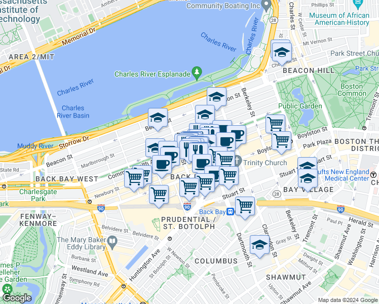 map of restaurants, bars, coffee shops, grocery stores, and more near 176 Newbury Street in Boston