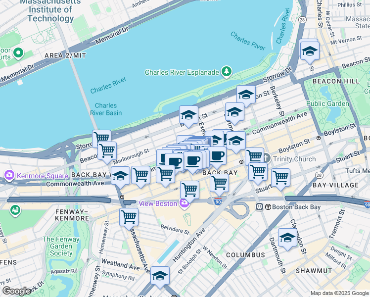 map of restaurants, bars, coffee shops, grocery stores, and more near 225 Commonwealth Avenue in Boston