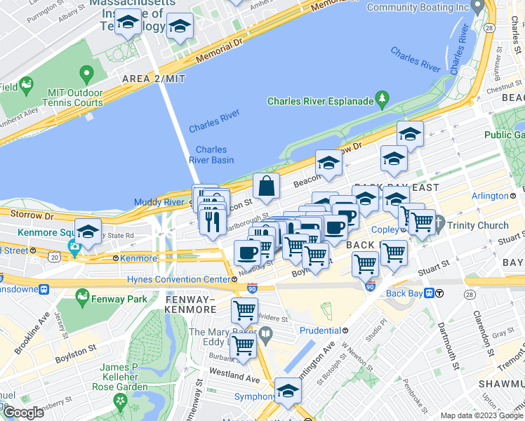 map of restaurants, bars, coffee shops, grocery stores, and more near 18 Hereford Street in Boston
