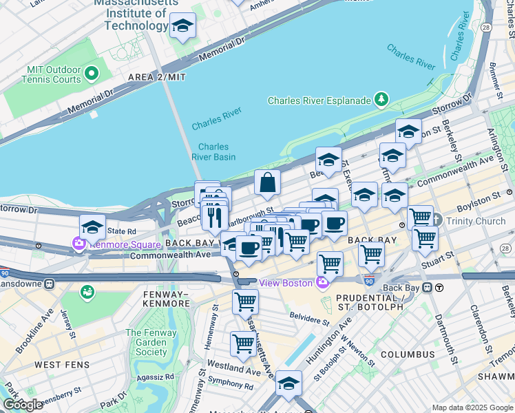 map of restaurants, bars, coffee shops, grocery stores, and more near 18 Hereford Street in Boston