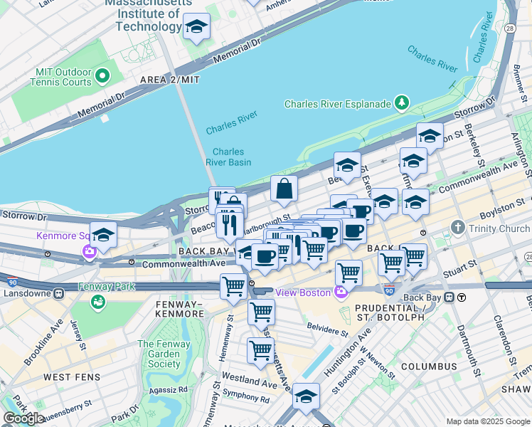 map of restaurants, bars, coffee shops, grocery stores, and more near 18 Hereford Street in Boston