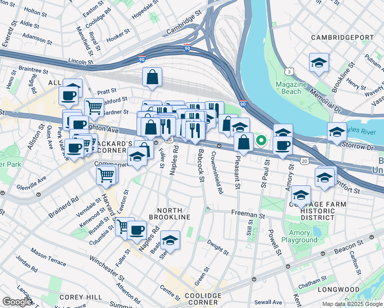 map of restaurants, bars, coffee shops, grocery stores, and more near 20 Winslow Road in Brookline